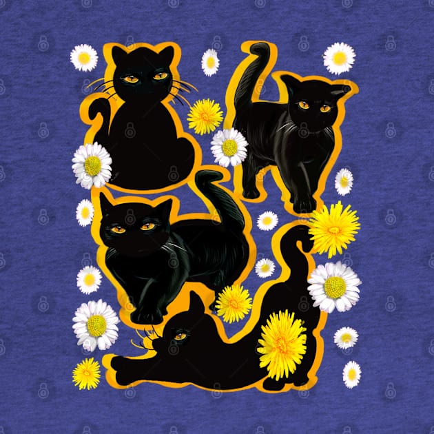 Black Cat silhouette gold shadow wildflowers feelings pattern black cats  among dandelions And daisies floral bright flowers of spring and summer by Artonmytee